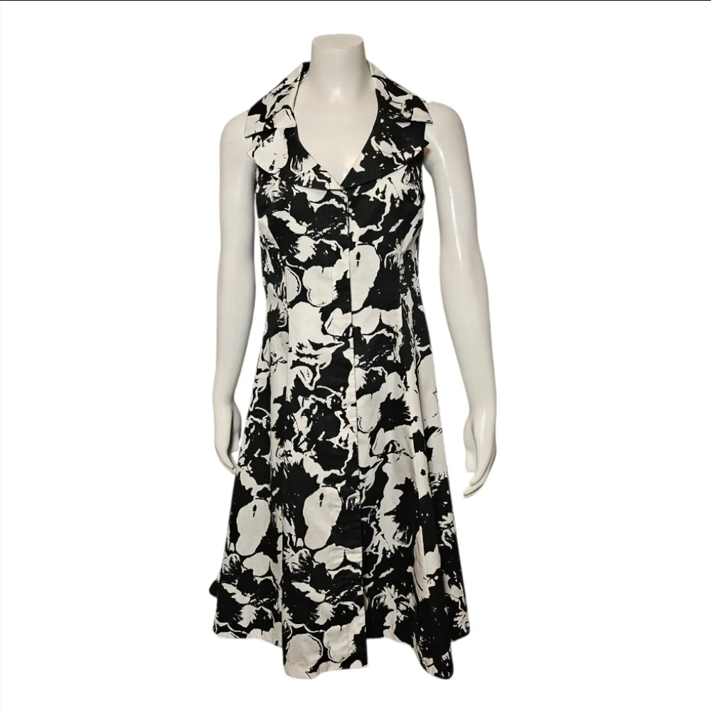 Jones New York Dress Black and White Floral Button Front Sleeveless Collar sz 4